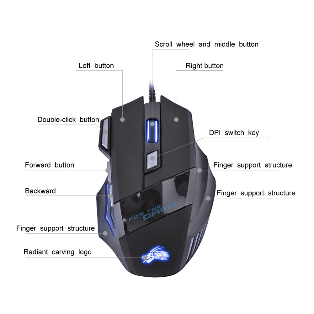 Wired Gaming Mouse 5500 DPI – RGB 7-Color Backlight Optical Mouse for PC