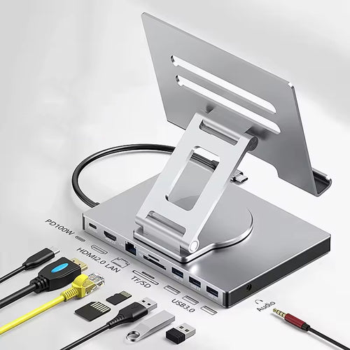 360° Rotating Stand with Type-C Hub – iPad, MacBook, Tablet & Laptop Dock