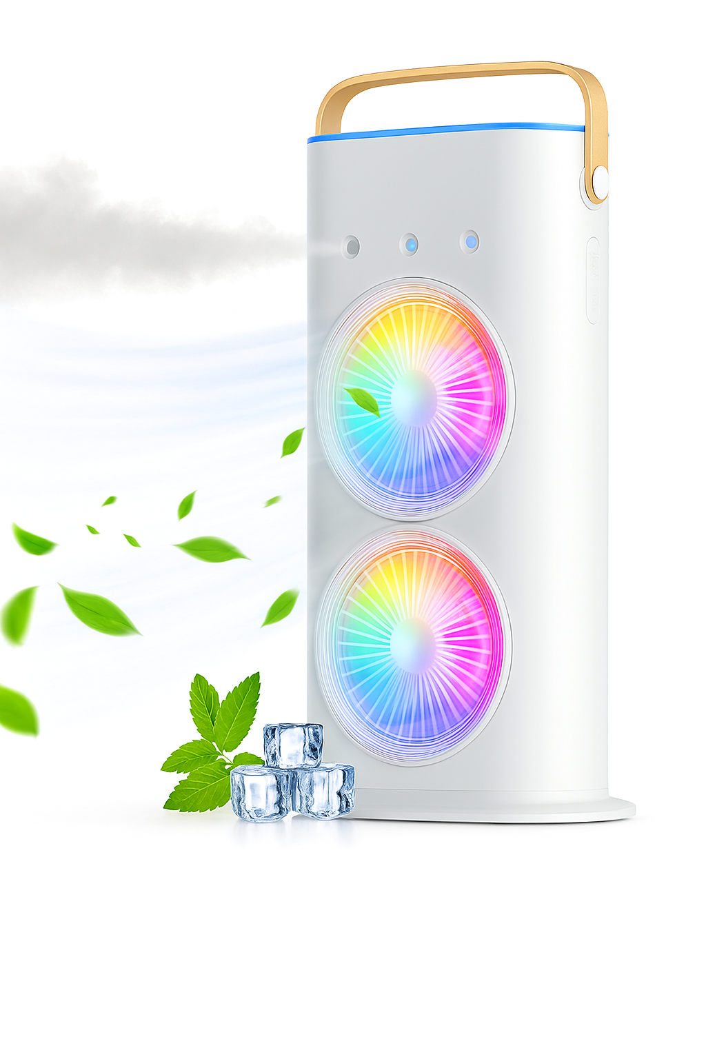 BreezeTower Duo – Dual Mist & Wind Desk Fan