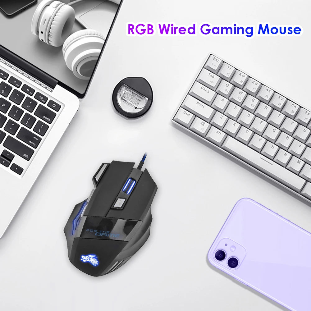 Wired Gaming Mouse 5500 DPI – RGB 7-Color Backlight Optical Mouse for PC